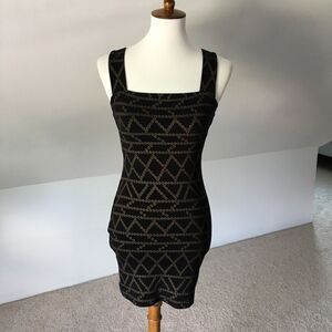H&M Soft 100% Cotton Black and Gold Printed Fitted Mini Dress